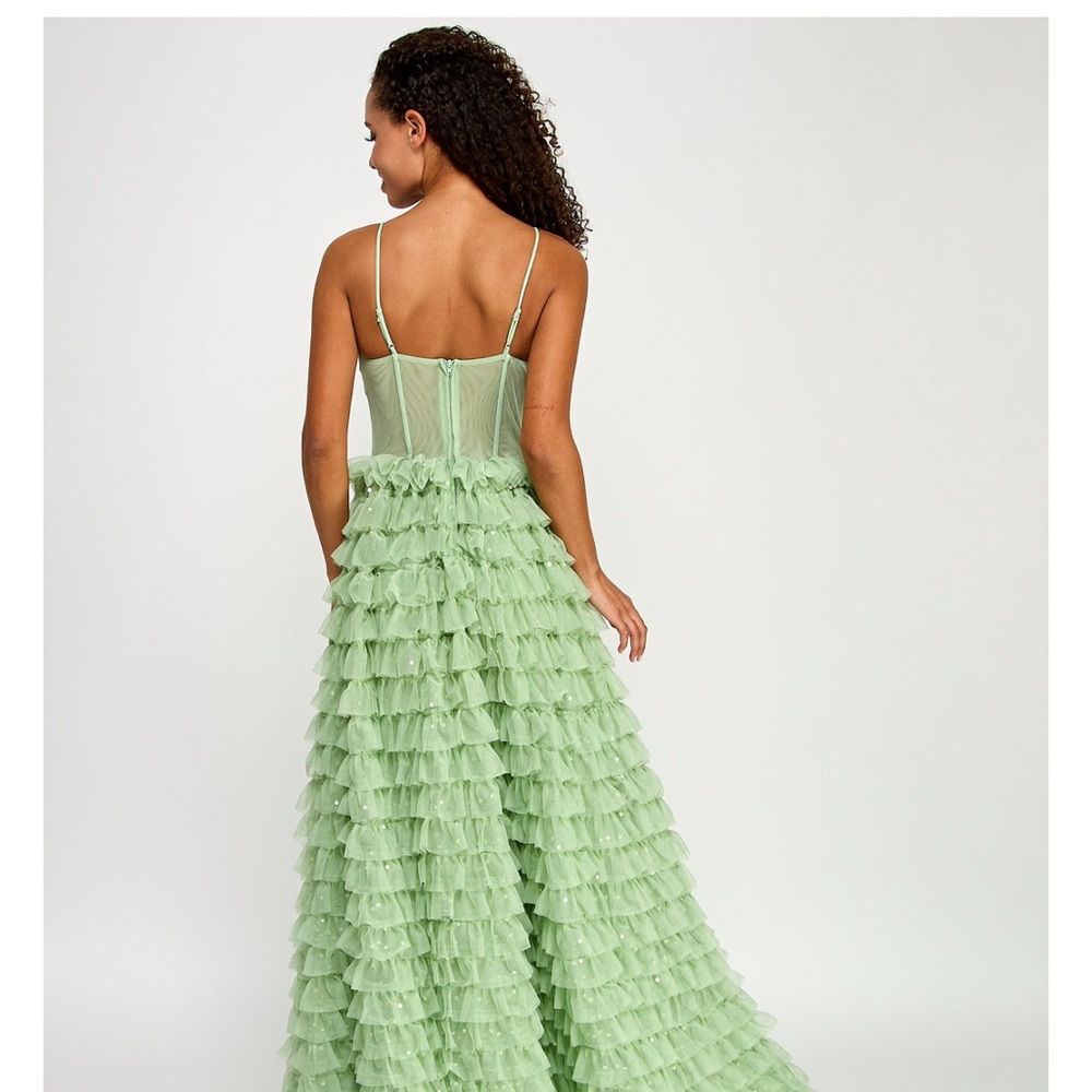 Juniors' Ruffled Embellished Corset Gown